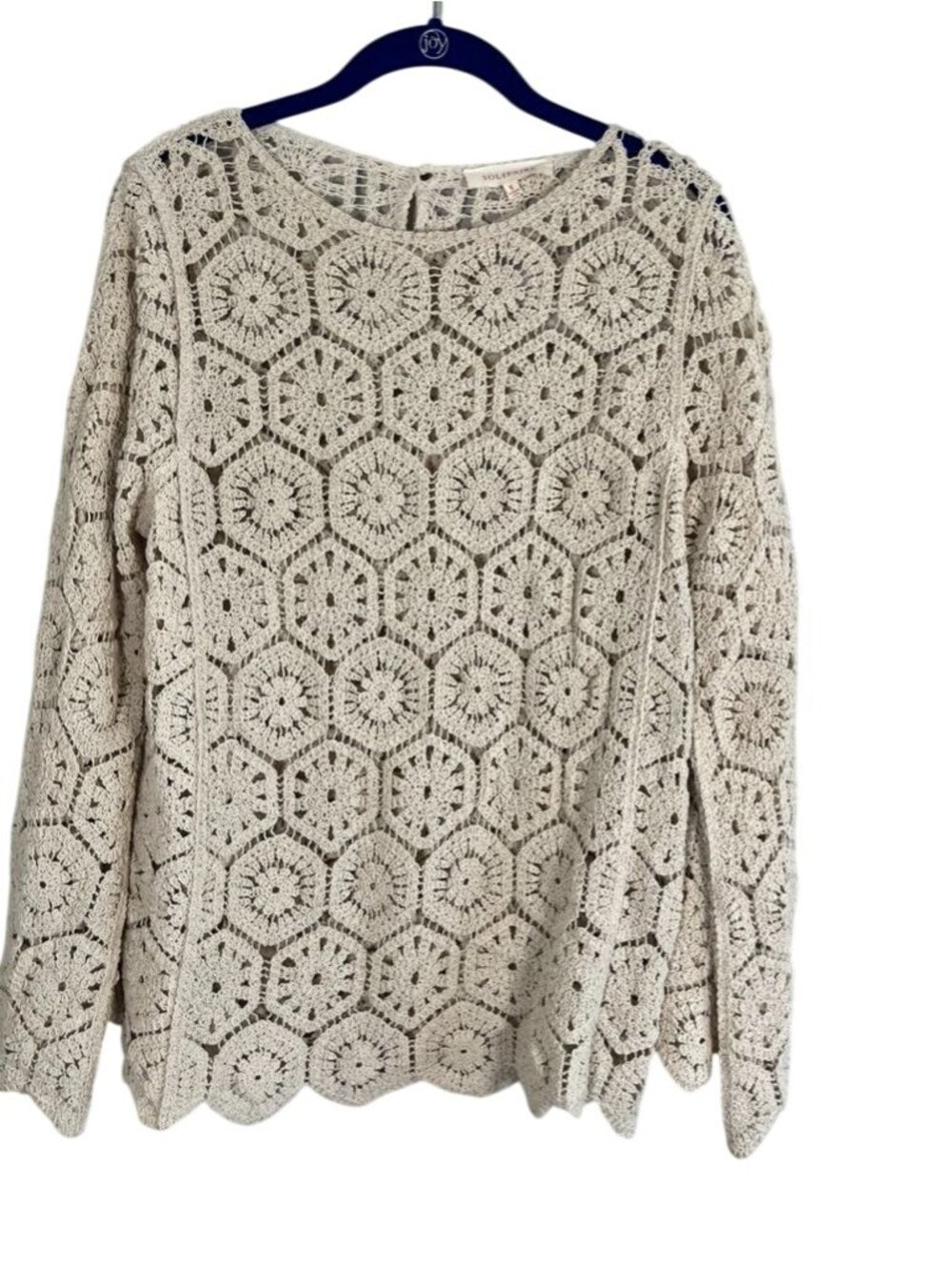Neutral Floral Crochet Sheer Knit Sweater Tan S Boho Indie Folk Festival Cottage